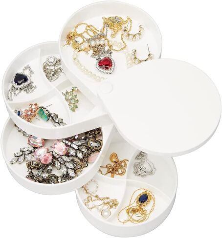 AKOAK 1 Pack Jewelry Storage Box, 4 Layers of 360° Rotating Cosmetic Storage Holder, Earring Holder for Girls, Women's Travel, Women's Ring/Bracelet/Necklace Storage Organizer (White) in Kuwait