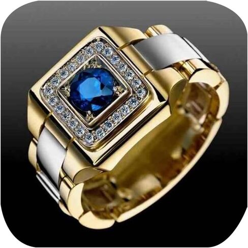 Vintage Watchband Geometric Square Side Band Design Accent Statement Men's Engagement Ring 14K Gold-Plated Diamond Cut Cubic Zirconia Sapphire Promise Luxury Blue Crystal Ring for Him Size 11 in Kuwait