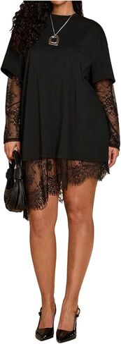 WDIRARA Women's Plus Size Lace T Shirts Patchwork Sheer Mesh Long Sleeve Asymmetrical 2 in 1 Tops in Saudi Arabia