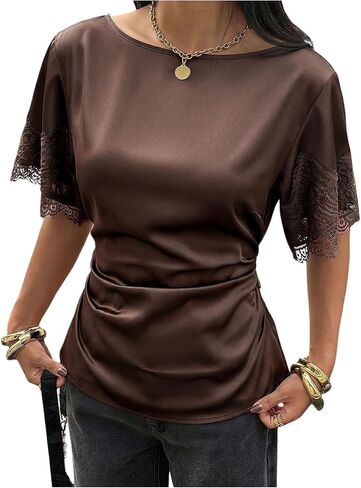 GORGLITTER Women's Satin Lace Tops Ruched Tie Back Cinched Waist Short Sleeve T Shirt Boat Neck Dressy Casual Tee in Kuwait