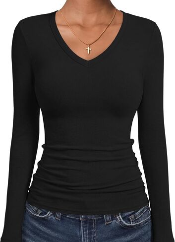 ANRABESS Women's Wool Blend Long Sleeve V Neck Shirts | Comfy Soft Top, Slim Fit Knit, Daily Travel Going Out Clothes, Basic Casual, Fall Spring Transition Outfits in Kuwait