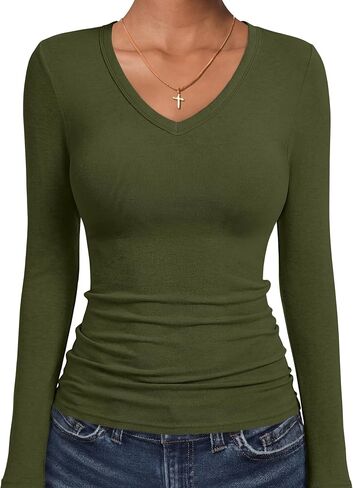 ANRABESS Women's Wool Blend Long Sleeve V Neck Shirts | Comfy Soft Top, Slim Fit Knit, Daily Travel Going Out Clothes, Basic Casual, Fall Spring Transition Outfits in Kuwait