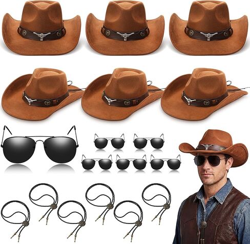 Mepase 18 Pcs Cowboy Hat with Bolo Tie Sunglasses Rodeo Western Costume Accessories for Men Women Cosplay Halloween Party in Kuwait