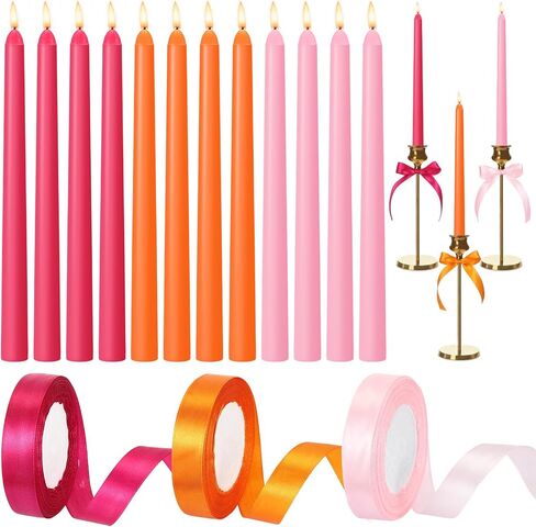 12 Pcs Pink and Orange Party Taper Candles with 3 Roll Ribbon 10 Inch Candle, Candlestick Decor for Baby Shower, Home, Thanksgiving, Wedding, Summer, Sunset, Fall, Dinner Party Decor in Kuwait