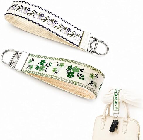 2Pcs Boho Embroidered Wristlet Keychain for Women, Cute Double Sided Floral Wrist Key Chain Fabric Lanyard, Green and Purple Keychains Strap Vintage in Saudi Arabia
