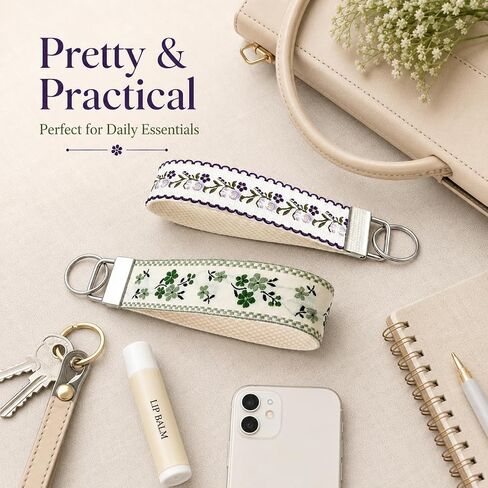 2Pcs Boho Embroidered Wristlet Keychain for Women, Cute Double Sided Floral Wrist Key Chain Fabric Lanyard, Green and Purple Keychains Strap Vintage in Saudi Arabia