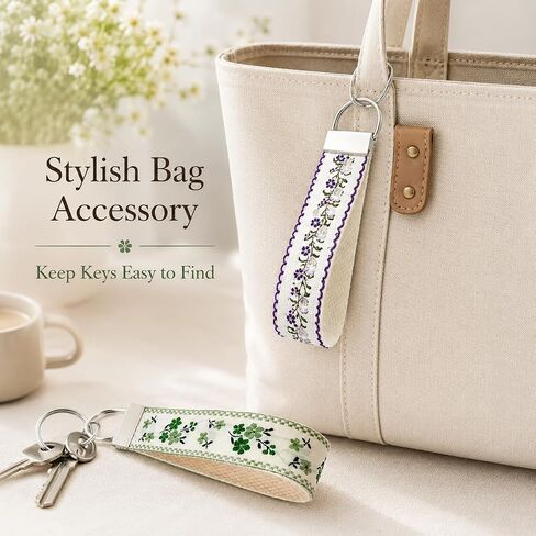 2Pcs Boho Embroidered Wristlet Keychain for Women, Cute Double Sided Floral Wrist Key Chain Fabric Lanyard, Green and Purple Keychains Strap Vintage in Saudi Arabia