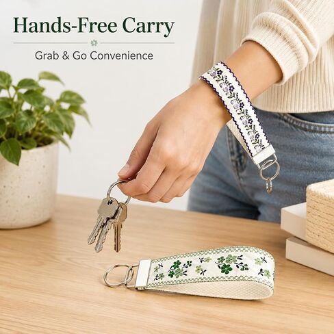 2Pcs Boho Embroidered Wristlet Keychain for Women, Cute Double Sided Floral Wrist Key Chain Fabric Lanyard, Green and Purple Keychains Strap Vintage in Saudi Arabia