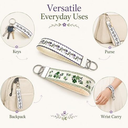 2Pcs Boho Embroidered Wristlet Keychain for Women, Cute Double Sided Floral Wrist Key Chain Fabric Lanyard, Green and Purple Keychains Strap Vintage in Saudi Arabia