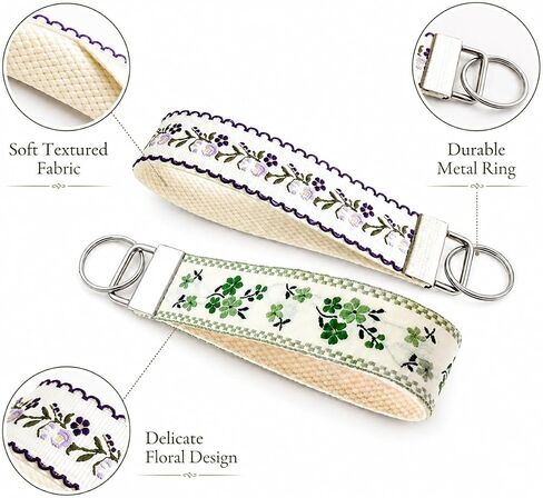 2Pcs Boho Embroidered Wristlet Keychain for Women, Cute Double Sided Floral Wrist Key Chain Fabric Lanyard, Green and Purple Keychains Strap Vintage in Saudi Arabia