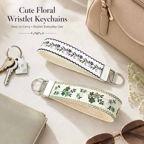 2Pcs Boho Embroidered Wristlet Keychain for Women, Cute Double Sided Floral Wrist Key Chain Fabric Lanyard, Green and Purple Keychains Strap Vintage in Saudi Arabia
