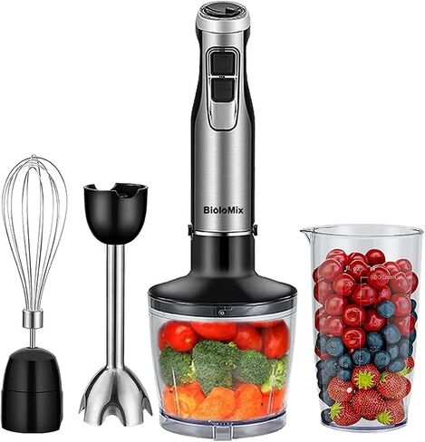 BioloMix Hand Blender 5 in 1 Immersion Blender 1000W, 6 Speed With Turbo Mode Handheld Blender Stainless Steel Blade With 800ml Chopper, 600ml Mixing Beaker, Whisk and Milk Frother in Kuwait