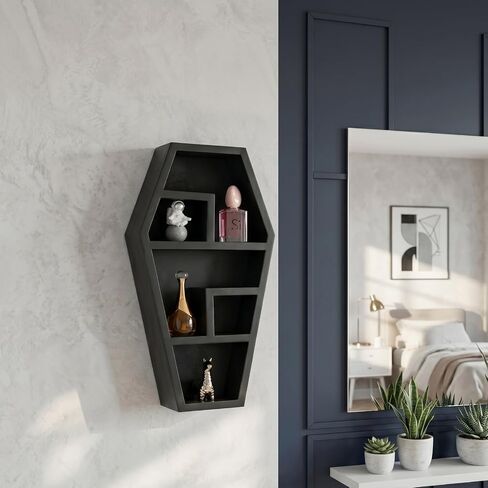 رف التابوت من كوريو ديكور قوطي مخيف للحمام وغرفة المعيشة - أسود، 18 × 9.5 × 3 عمق - تم تجميع الأرفف بالكامل - نظارات صغيرة للديكور المخيف، وأشكال صغيرة، وصخور، والمزيد in Kuwait