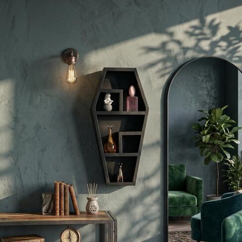 رف التابوت من كوريو ديكور قوطي مخيف للحمام وغرفة المعيشة - أسود، 18 × 9.5 × 3 عمق - تم تجميع الأرفف بالكامل - نظارات صغيرة للديكور المخيف، وأشكال صغيرة، وصخور، والمزيد in Kuwait