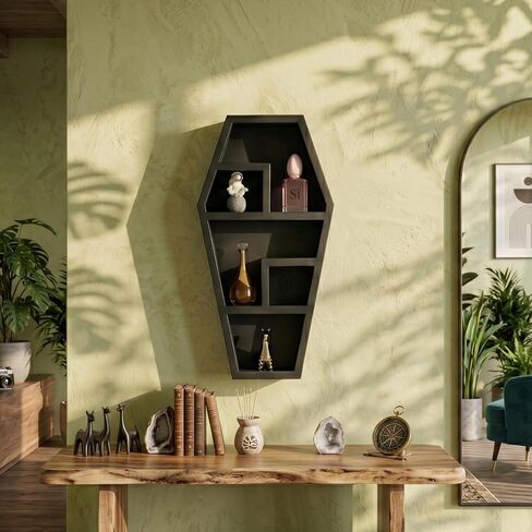 رف التابوت من كوريو ديكور قوطي مخيف للحمام وغرفة المعيشة - أسود، 18 × 9.5 × 3 عمق - تم تجميع الأرفف بالكامل - نظارات صغيرة للديكور المخيف، وأشكال صغيرة، وصخور، والمزيد in Kuwait