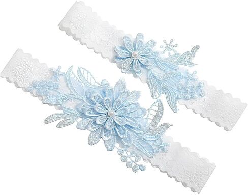 2 Pieces Bride Wedding Garter Set, Blue Lace Thigh Garter With Faux Pearls, Wedding Day Essentials Toss and Keep Lace Thigh Garter Set, Adjustable Elastic Band For Wedding, Party, Prom in Saudi Arabia