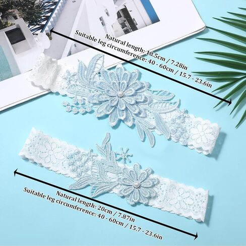 2 Pieces Bride Wedding Garter Set, Blue Lace Thigh Garter With Faux Pearls, Wedding Day Essentials Toss and Keep Lace Thigh Garter Set, Adjustable Elastic Band For Wedding, Party, Prom in Saudi Arabia