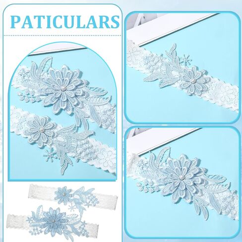 2 Pieces Bride Wedding Garter Set, Blue Lace Thigh Garter With Faux Pearls, Wedding Day Essentials Toss and Keep Lace Thigh Garter Set, Adjustable Elastic Band For Wedding, Party, Prom in Saudi Arabia