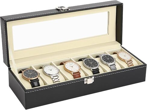 6 Slots Watch Box Organizer for Men, Black Watch Holder Stand Display Storage Case, Watch Carry Organizer for Men and Women in Kuwait