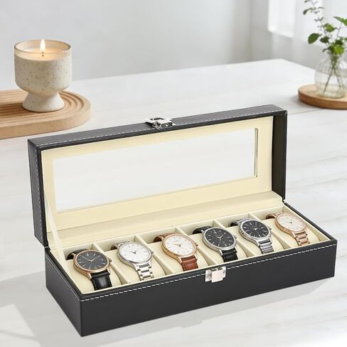 6 Slots Watch Box Organizer for Men, Black Watch Holder Stand Display Storage Case, Watch Carry Organizer for Men and Women in Kuwait