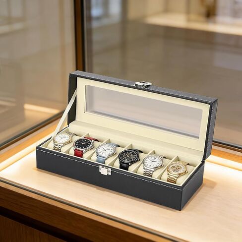 6 Slots Watch Box Organizer for Men, Black Watch Holder Stand Display Storage Case, Watch Carry Organizer for Men and Women in Kuwait