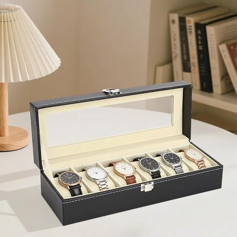 6 Slots Watch Box Organizer for Men, Black Watch Holder Stand Display Storage Case, Watch Carry Organizer for Men and Women in Kuwait