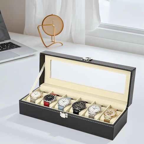 6 Slots Watch Box Organizer for Men, Black Watch Holder Stand Display Storage Case, Watch Carry Organizer for Men and Women in Kuwait