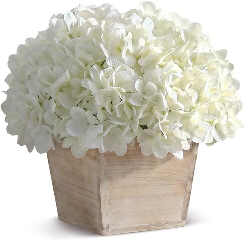 YXZZWL 10" Artificial Hydrangea Arrangement in Planter for Table Centerpiece, Lifelike Fake Hydrangea Potted Plant, Silk Faux Flowers in Wood Planter for Farmhouse Home Office Shower Decor (White) in Saudi Arabia