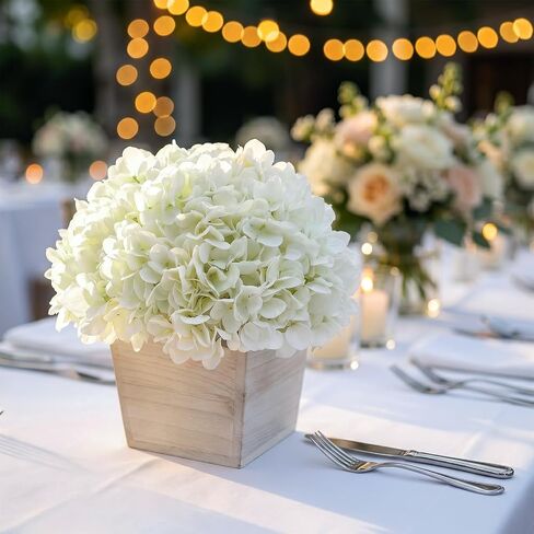 YXZZWL 10" Artificial Hydrangea Arrangement in Planter for Table Centerpiece, Lifelike Fake Hydrangea Potted Plant, Silk Faux Flowers in Wood Planter for Farmhouse Home Office Shower Decor (White) in Saudi Arabia