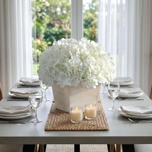 YXZZWL 10" Artificial Hydrangea Arrangement in Planter for Table Centerpiece, Lifelike Fake Hydrangea Potted Plant, Silk Faux Flowers in Wood Planter for Farmhouse Home Office Shower Decor (White) in Saudi Arabia