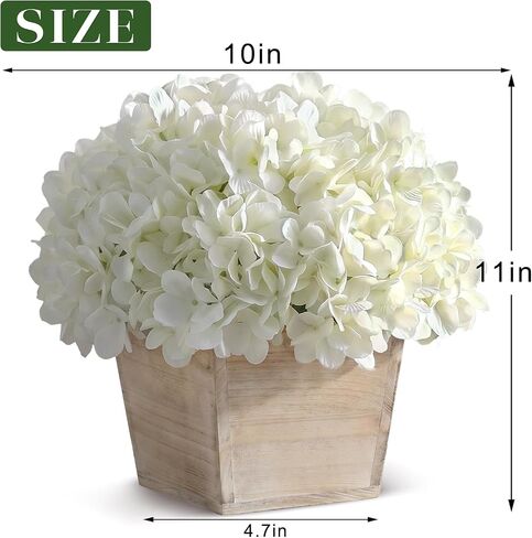 YXZZWL 10" Artificial Hydrangea Arrangement in Planter for Table Centerpiece, Lifelike Fake Hydrangea Potted Plant, Silk Faux Flowers in Wood Planter for Farmhouse Home Office Shower Decor (White) in Saudi Arabia