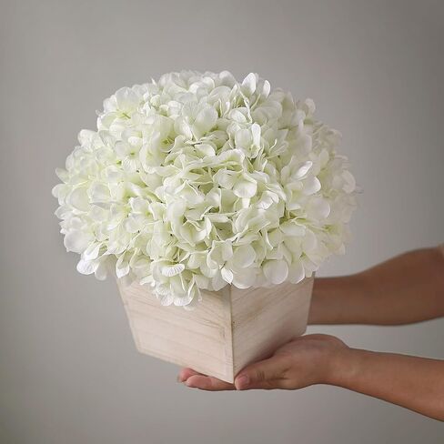 YXZZWL 10" Artificial Hydrangea Arrangement in Planter for Table Centerpiece, Lifelike Fake Hydrangea Potted Plant, Silk Faux Flowers in Wood Planter for Farmhouse Home Office Shower Decor (White) in Saudi Arabia