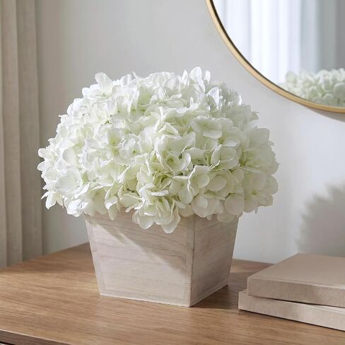 YXZZWL 10" Artificial Hydrangea Arrangement in Planter for Table Centerpiece, Lifelike Fake Hydrangea Potted Plant, Silk Faux Flowers in Wood Planter for Farmhouse Home Office Shower Decor (White) in Saudi Arabia