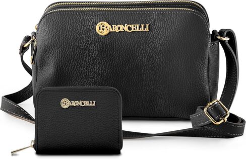 Baroncelli Leather Crossbody Bag Made in Italy and Wallets for women Size Medium (Black) bundle in Kuwait