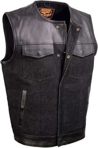 Milwaukee Leather MDM3003 Men's 'Brute' Concealed Snap Black Denim and Black Leather Club Style Vest w/Hidden Zipper in Kuwait