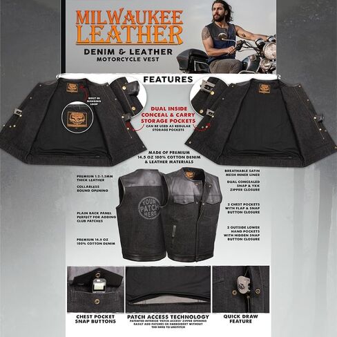Milwaukee Leather MDM3003 Men's 'Brute' Concealed Snap Black Denim and Black Leather Club Style Vest w/Hidden Zipper in Kuwait