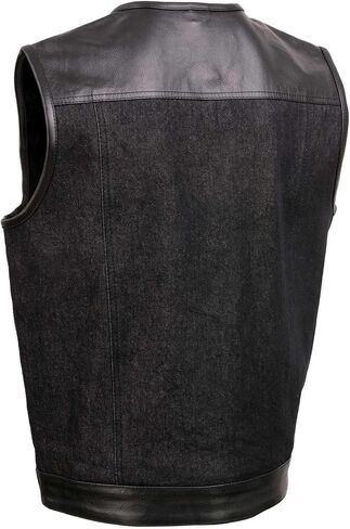 Milwaukee Leather MDM3003 Men's 'Brute' Concealed Snap Black Denim and Black Leather Club Style Vest w/Hidden Zipper in Kuwait