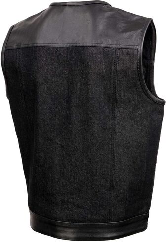 Milwaukee Leather MDM3003 Men's 'Brute' Concealed Snap Black Denim and Black Leather Club Style Vest w/Hidden Zipper in Kuwait