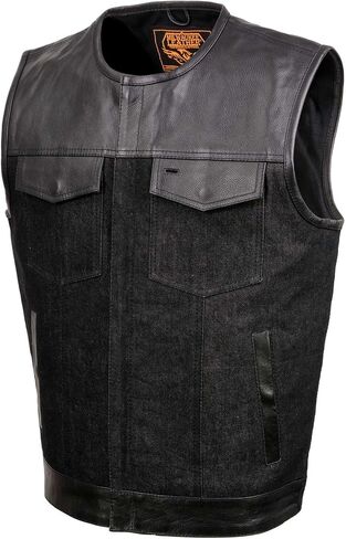 Milwaukee Leather MDM3003 Men's 'Brute' Concealed Snap Black Denim and Black Leather Club Style Vest w/Hidden Zipper in Kuwait