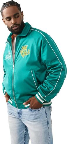 True Religion Men’s Satin Embroidered Bomber Jacket – Snap-Front, Varsity Trim, Embroidered Logo in Kuwait