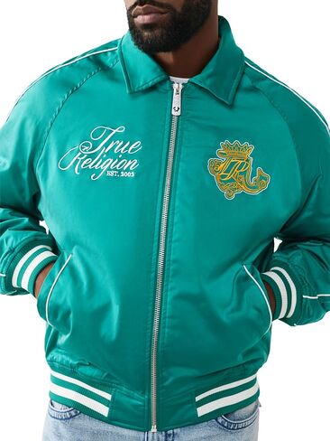 True Religion Men’s Satin Embroidered Bomber Jacket – Snap-Front, Varsity Trim, Embroidered Logo in Kuwait