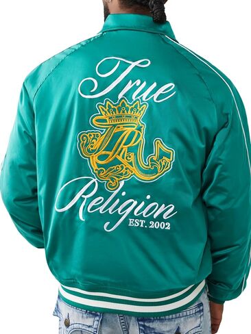 True Religion Men’s Satin Embroidered Bomber Jacket – Snap-Front, Varsity Trim, Embroidered Logo in Kuwait