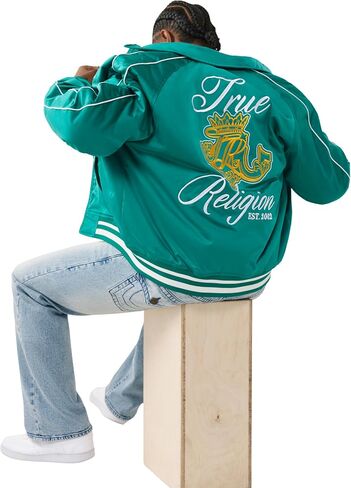 True Religion Men’s Satin Embroidered Bomber Jacket – Snap-Front, Varsity Trim, Embroidered Logo in Kuwait