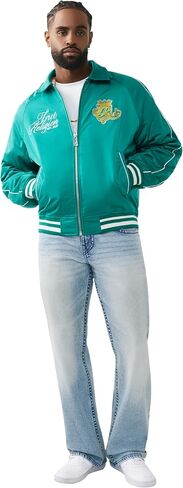True Religion Men’s Satin Embroidered Bomber Jacket – Snap-Front, Varsity Trim, Embroidered Logo in Kuwait