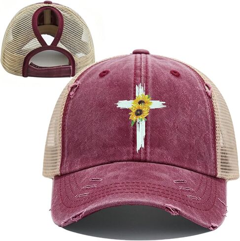 Mesh-Back Washed Cotton Ponytail Baseball Cap for Women Sunflower Dad Sun Hat with Ponytail Hole in Kuwait