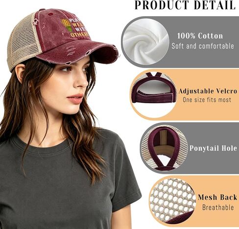 Mesh-Back Washed Cotton Ponytail Baseball Cap for Women Sunflower Dad Sun Hat with Ponytail Hole in Kuwait