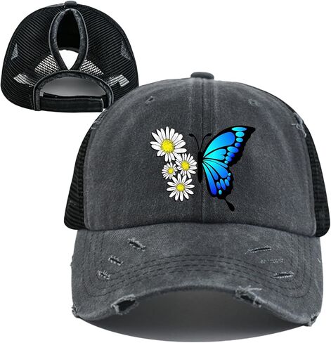 Mesh-Back Washed Cotton Ponytail Baseball Cap for Women Sunflower Dad Sun Hat with Ponytail Hole in Kuwait