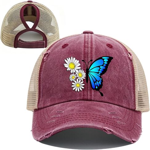 Mesh-Back Washed Cotton Ponytail Baseball Cap for Women Sunflower Dad Sun Hat with Ponytail Hole in Kuwait