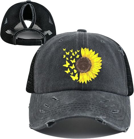 Mesh-Back Washed Cotton Ponytail Baseball Cap for Women Sunflower Dad Sun Hat with Ponytail Hole in Kuwait