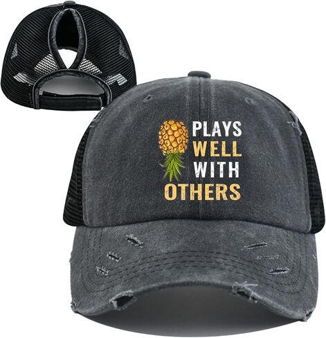 Mesh-Back Washed Cotton Ponytail Baseball Cap for Women Sunflower Dad Sun Hat with Ponytail Hole in Kuwait